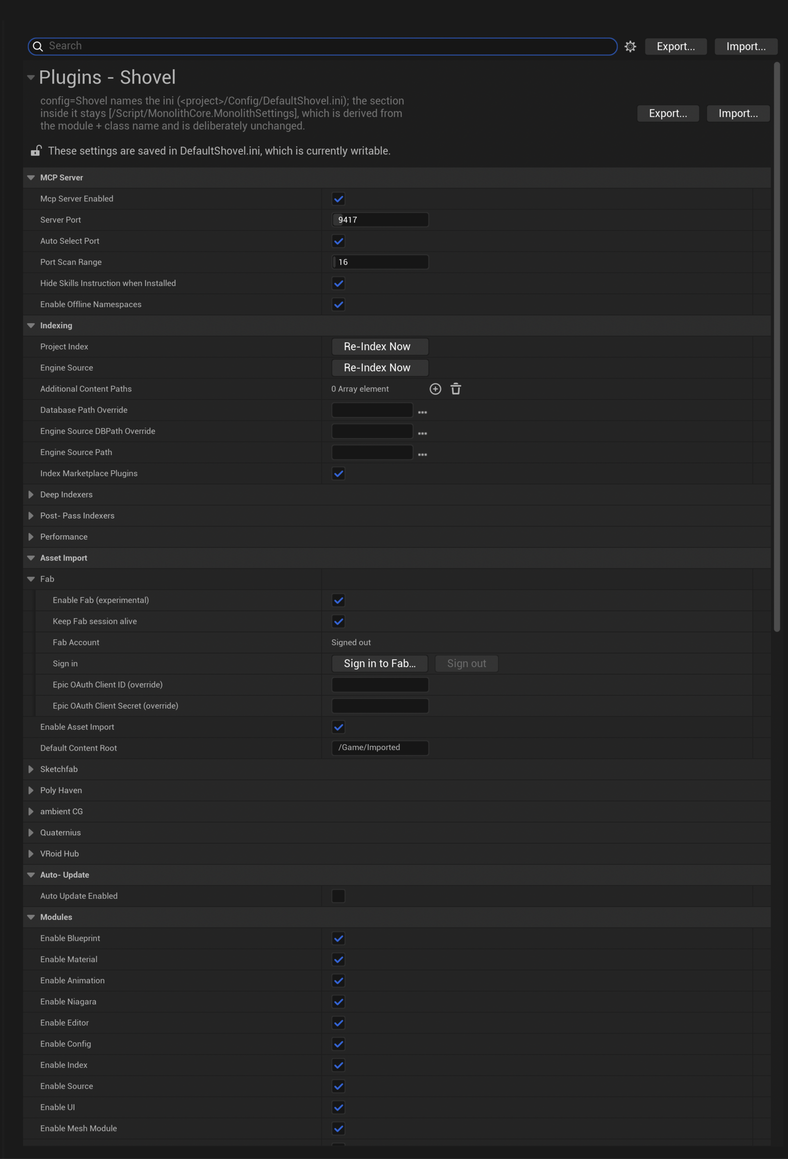 Core settings — MCP server & indexing